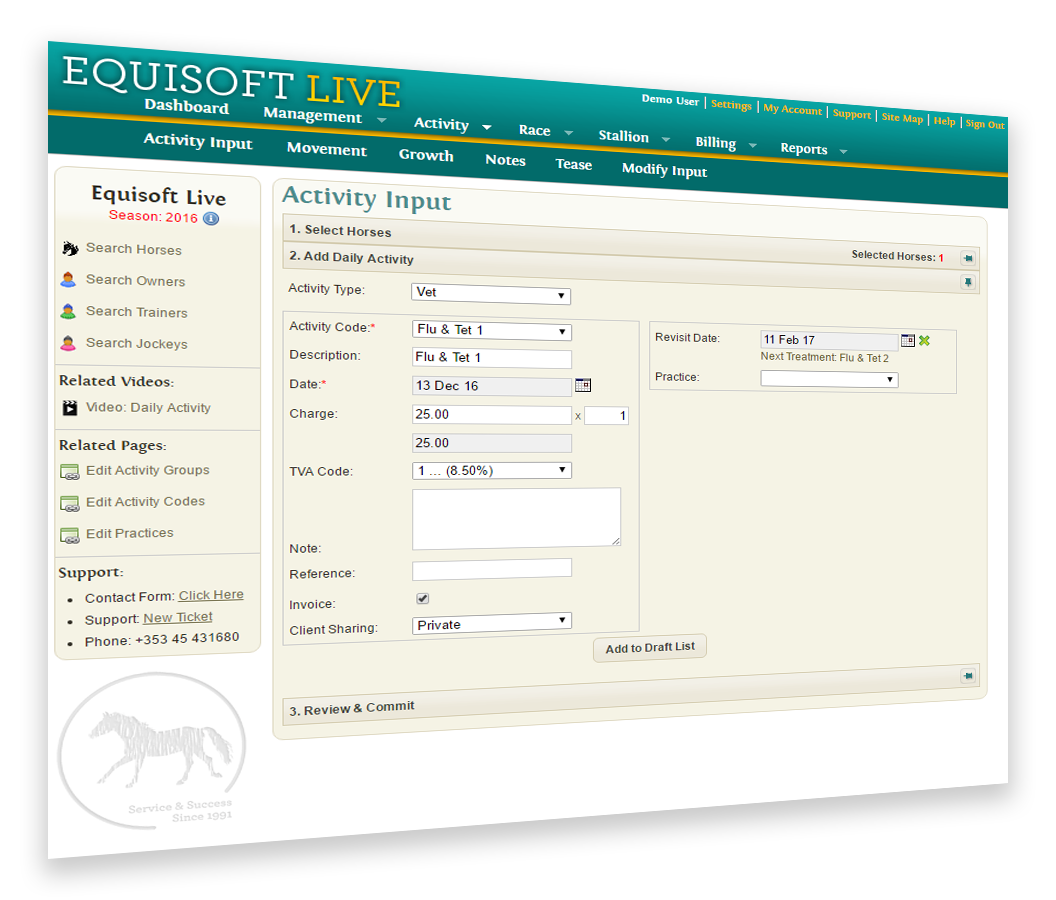 Billing Package - EquisoftLive Bloodstock Management Online Software