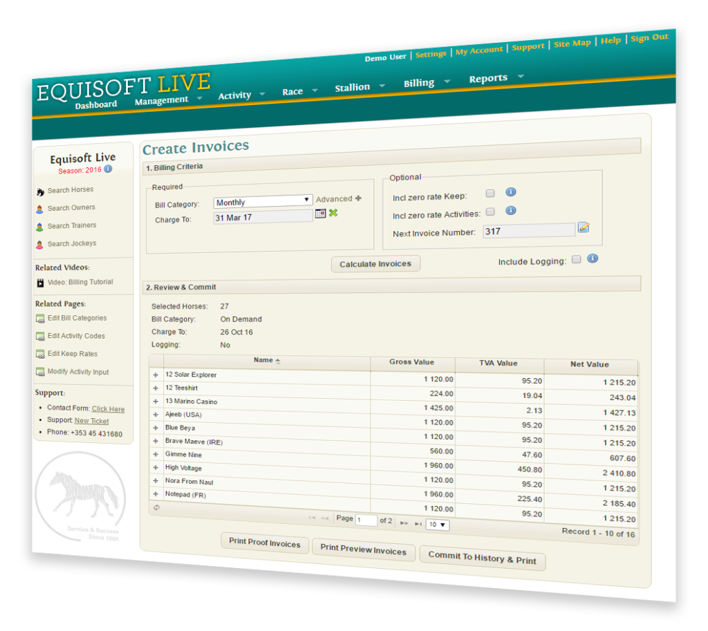 Billing Package - EquisoftLive Bloodstock Management Online Software